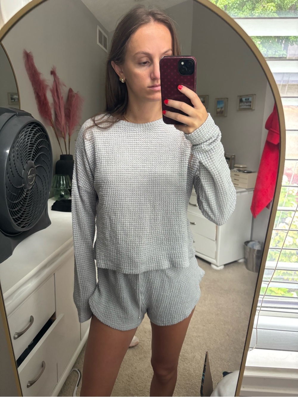 Light Gray Waffle Knit Loungewear Set - Top & Shorts